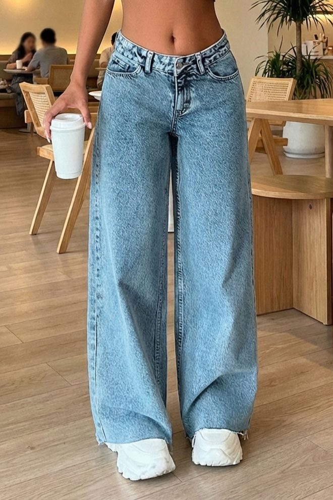 Lustrin Blue Wide Leg Mom Pants High Waist Buttoned Wholesale Clothing Casual