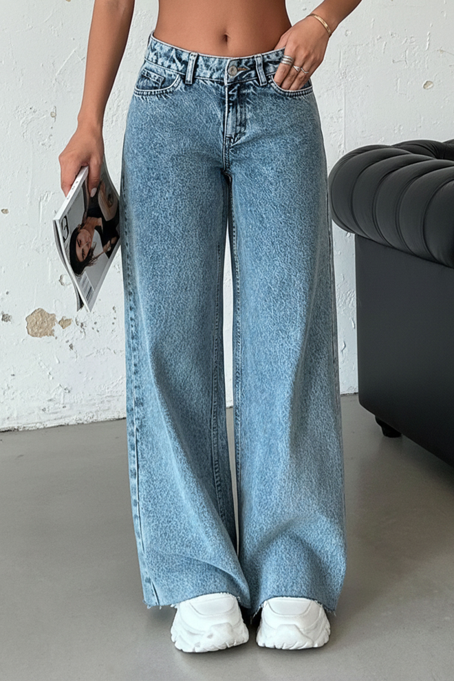 Lustrin Blue Wide Leg Mom Pants High Waist Buttoned Wholesale Clothing Lounge