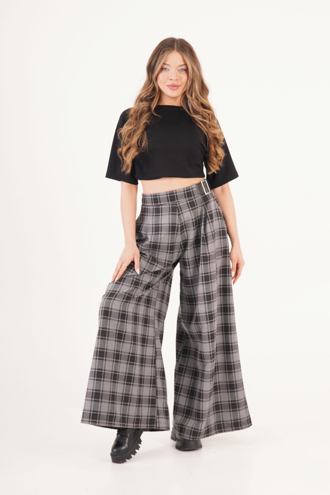 Lustrin Grijze Palazzobroek Met Hoge Taille En Geruit Patroon Groothandel Kleding Casual