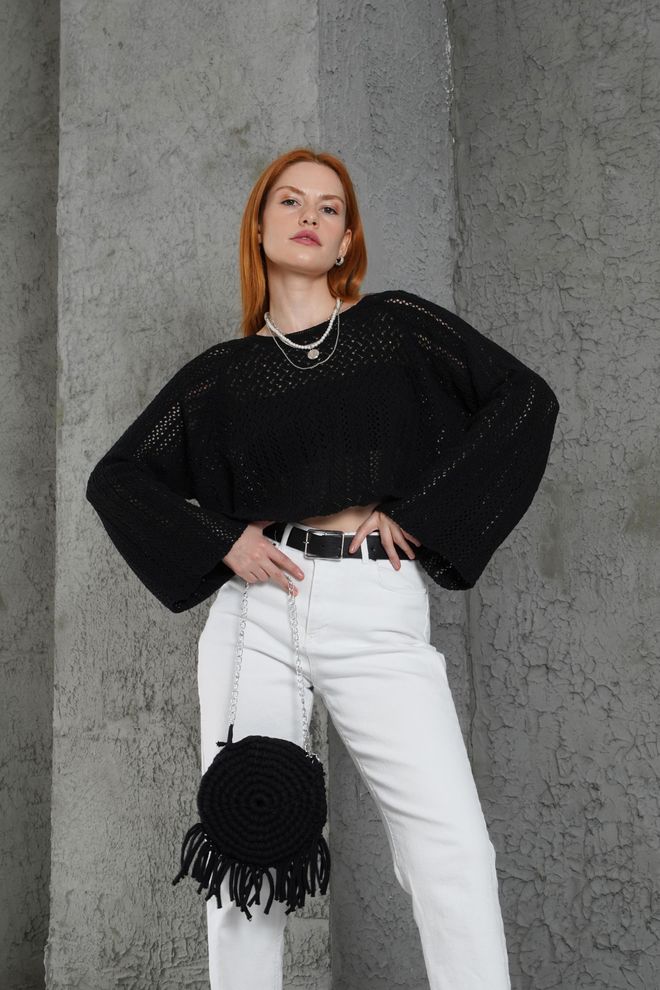 Lustrin Черная Укороченная Блузка Оверсайз С Рукавами Колокол Оптовая продажа одежды Повседневный