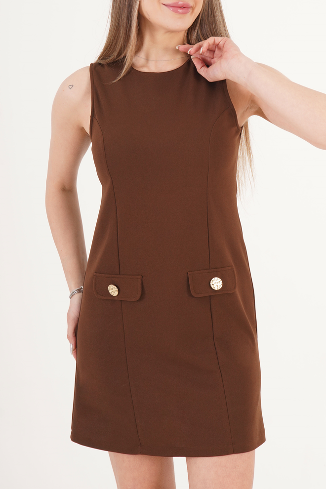 Lustrin فستان بني بحجم صغير وبأكمام قبعة وتصميم مستقيم ملابس بالجملة عمل