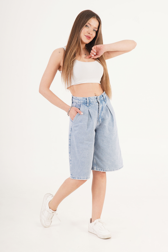 Lustrin High Waist Denim Blue Wholesale Denim Jorts Wholesale Clothing Cotton