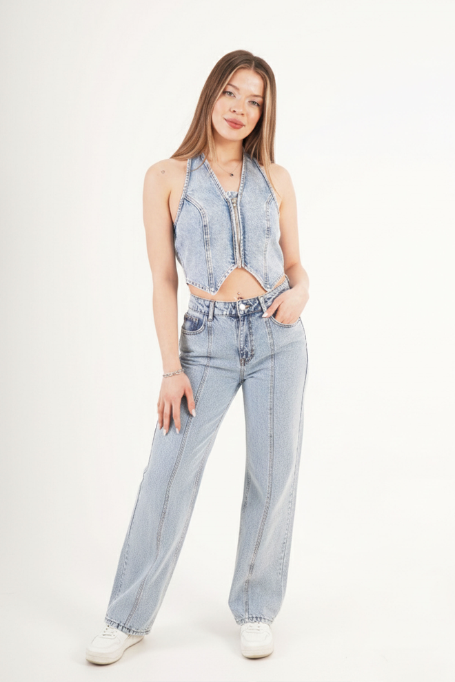 Lustrin Set Blu Con Scollo All'americana E Pantaloni Bootcut A Gamba Larga Abbigliamento all'ingrosso Casuale