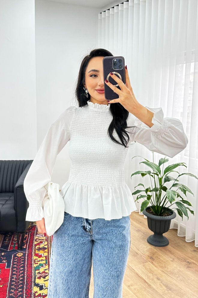 Lustrin Элегантная Белая Блузка С Пышными Рукавами Оптовая продажа одежды Скромный