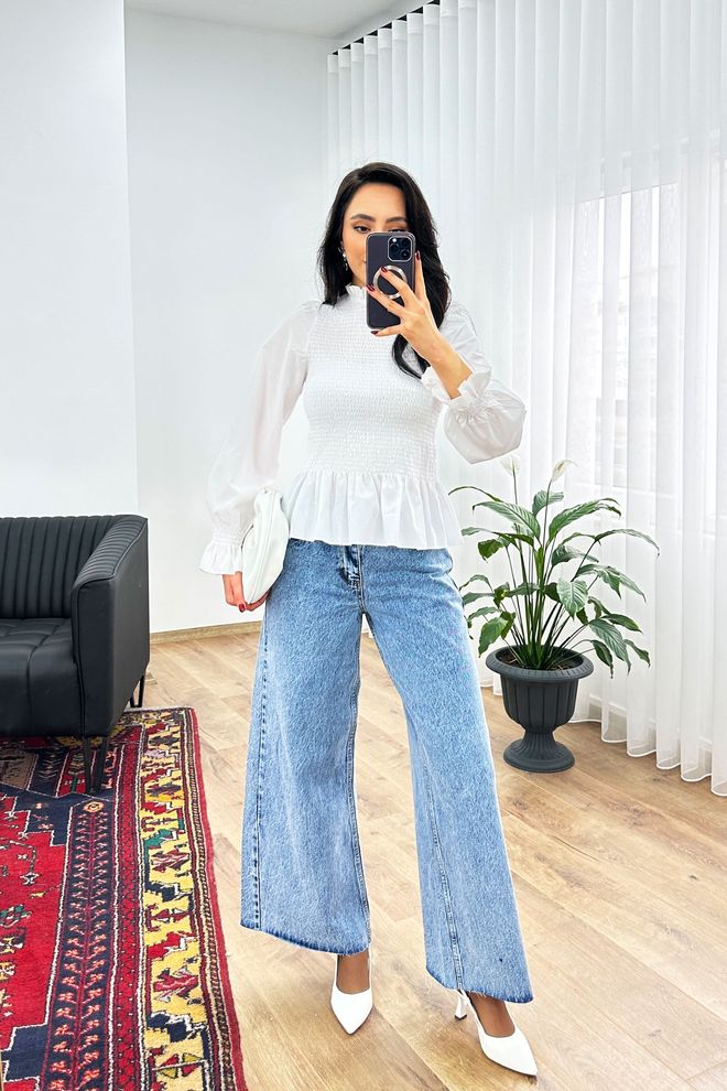 Lustrin Eleganti Balta Palaidinė Su Pūstais Rankovais Didmeninė prekyba drabužiais Vasara