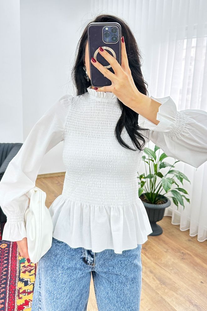 Lustrin Eleganti Balta Palaidinė Su Pūstais Rankovais Didmeninė prekyba drabužiais Metalo spalvos siūlai