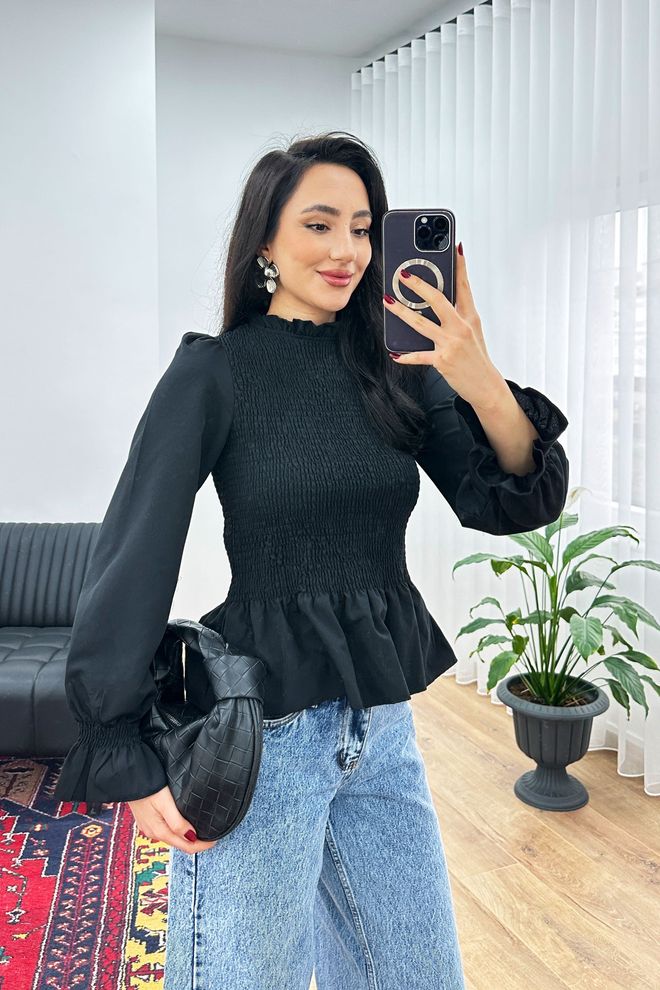 Lustrin Black Elegant Fitted Blouse With Ruffle Long Sleeves Wholesale Clothing 1