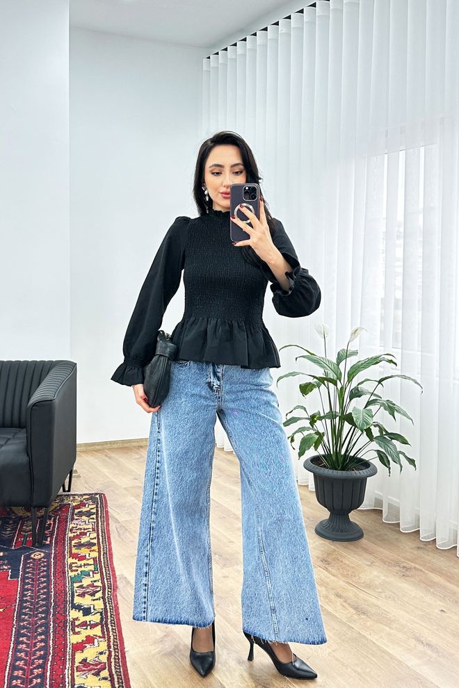 Lustrin Black Elegant Fitted Blouse With Ruffle Long Sleeves Wholesale Clothing Work