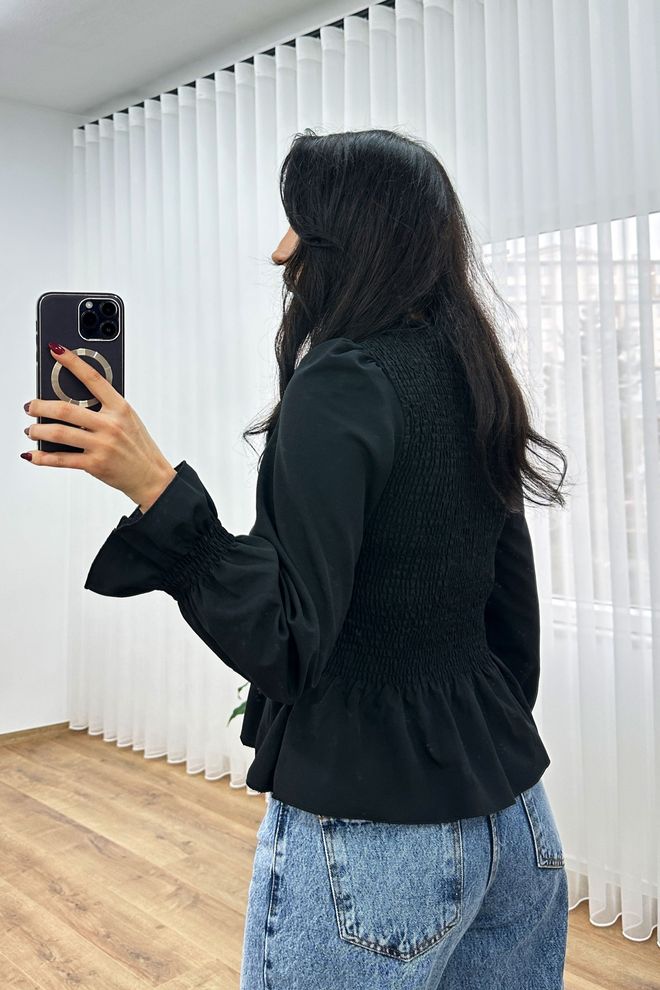 Lustrin Black Elegant Fitted Blouse With Ruffle Long Sleeves Wholesale Clothing Boho