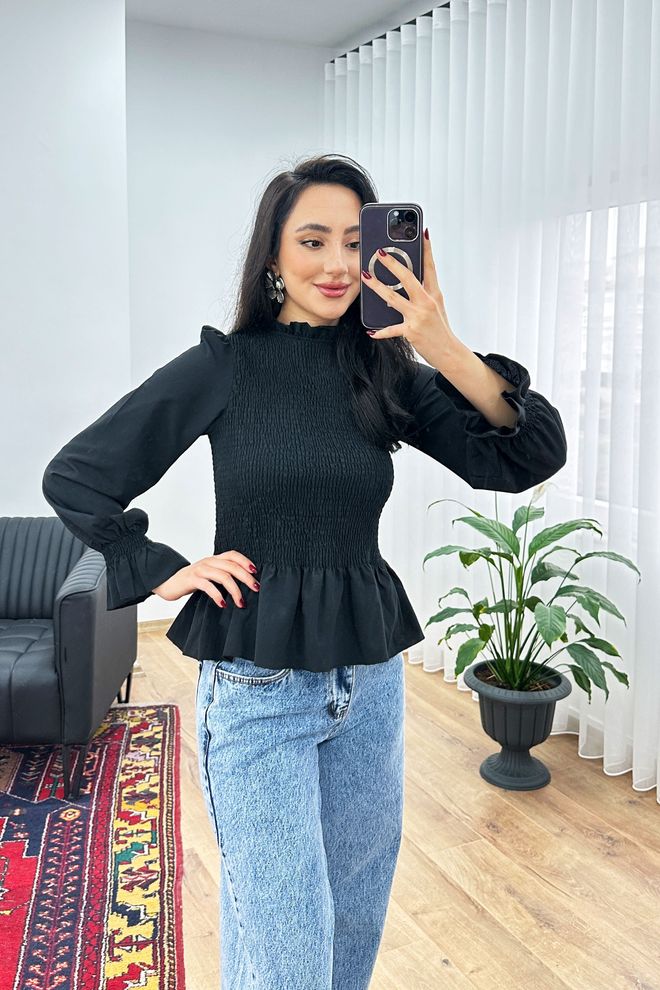 Lustrin Black Elegant Fitted Blouse With Ruffle Long Sleeves Wholesale Clothing Spring