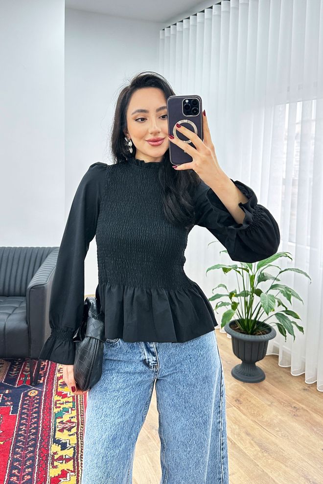 Lustrin Μαύρη Κομψή Εφαρμοστή Μπλούζα Με Μακριά Μανίκια Με Βολάν Χονδρικό εμπόριο ενδυμάτων Casual