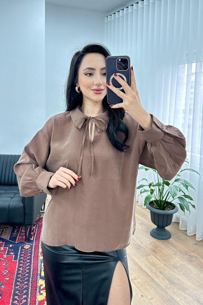 Lustrin Brown Blouse With Bishop Sleeves Wholesale Clothing Casual