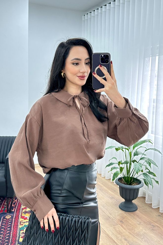 Lustrin Brown Blouse With Bishop Sleeves Wholesale Clothing Work