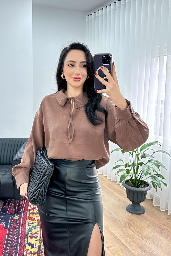 Lustrin Brown Blouse With Bishop Sleeves Wholesale Clothing 1