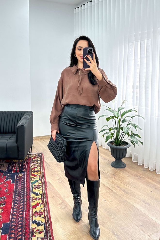 Lustrin Καφέ Μπλούζα Με Μανίκια Μακρύ Φουσκωτό Χονδρικό εμπόριο ενδυμάτων Απλό