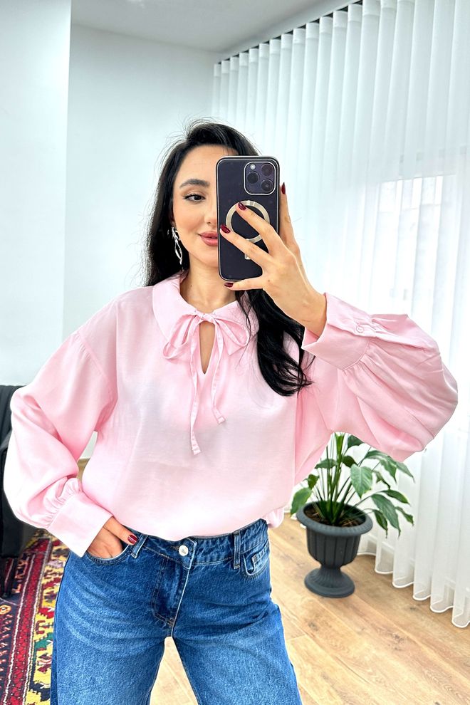 Lustrin Розовая Элегантная Повседневная Скромная Блузка С Пышными Рукавами Оптовая продажа одежды Скромный