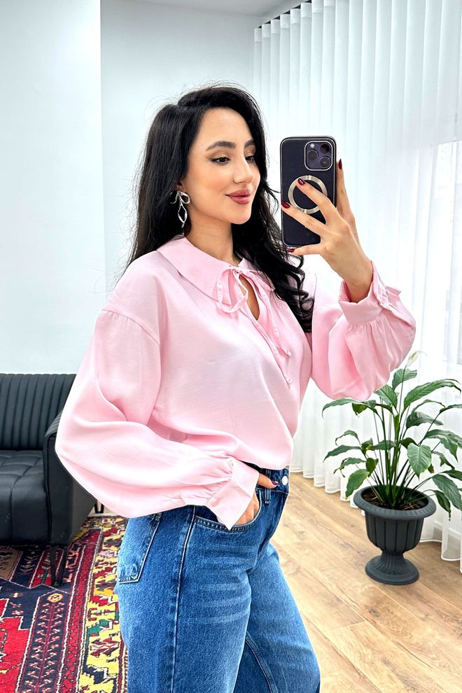 Lustrin Roze Elegante Casual Bescheiden Blouse Met Pofmouwen Groothandel Kleding Lounge