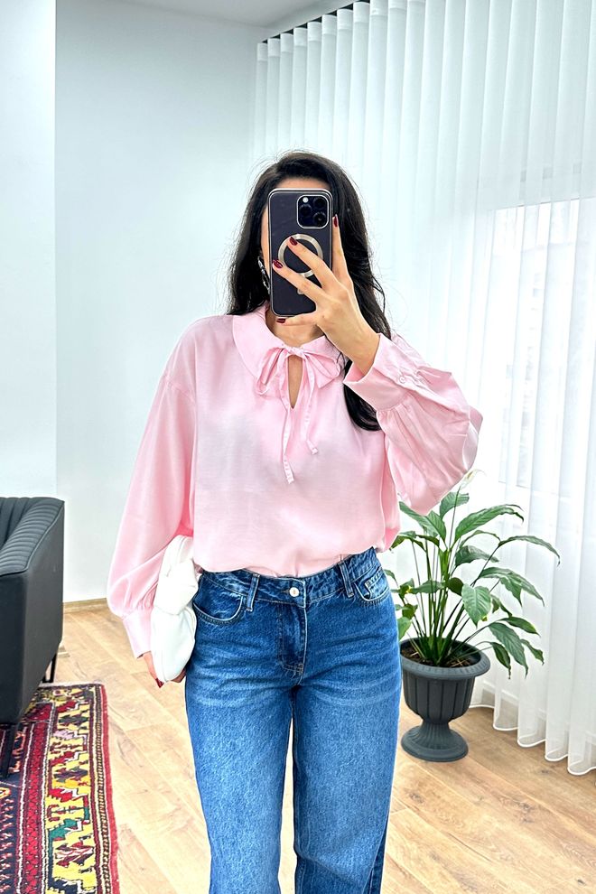 Lustrin Roze Elegante Casual Bescheiden Blouse Met Pofmouwen Groothandel Kleding 1