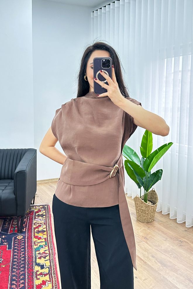 Lustrin Brown Elegant Blouse With Cap Sleeves And High Neck Wholesale Clothing Work
