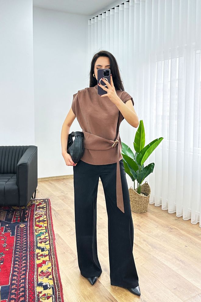 Lustrin Brown Elegant Blouse With Cap Sleeves And High Neck Wholesale Clothing 1