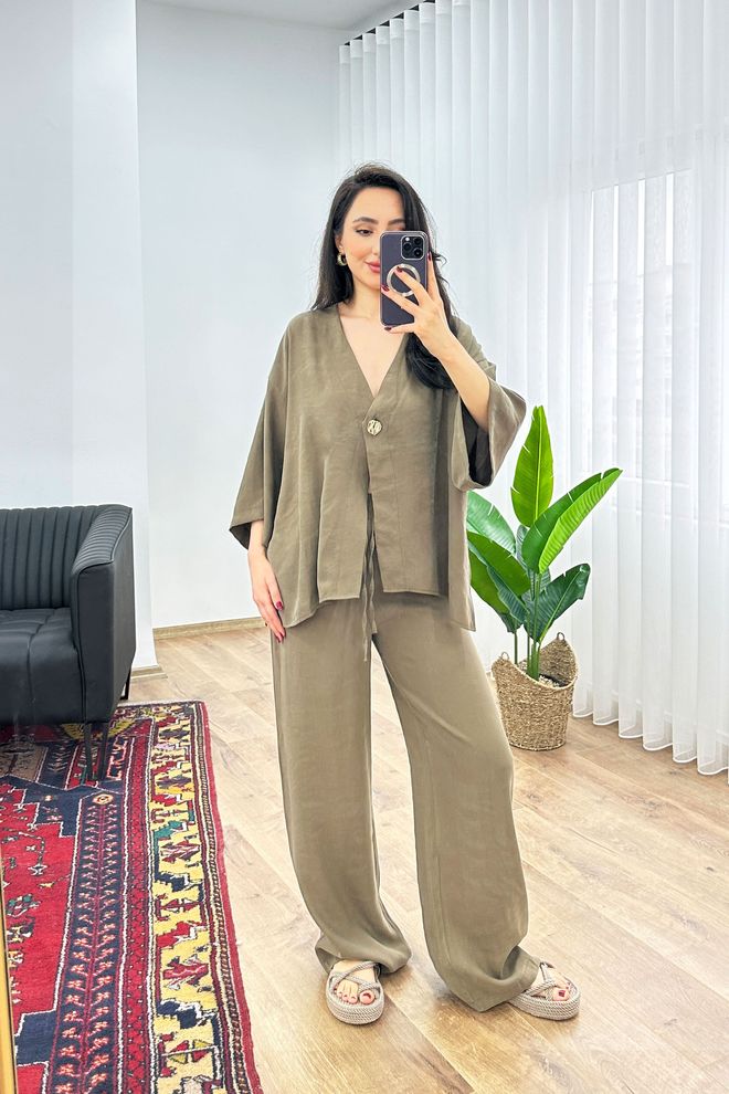 Lustrin Σετ Casual Απλό Κομψό Με Κουμπιά Και 3/4 Μανίκι Χακί Χονδρικό εμπόριο ενδυμάτων Απλό