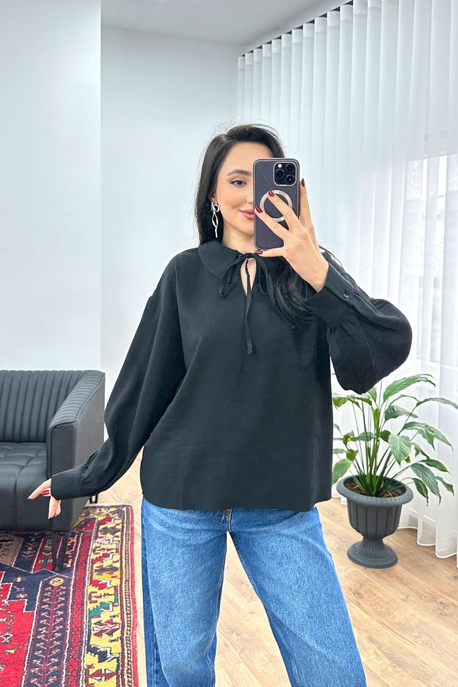 Lustrin Black Blouse With Polo Neck And Long Sleeves Wholesale Clothing 1