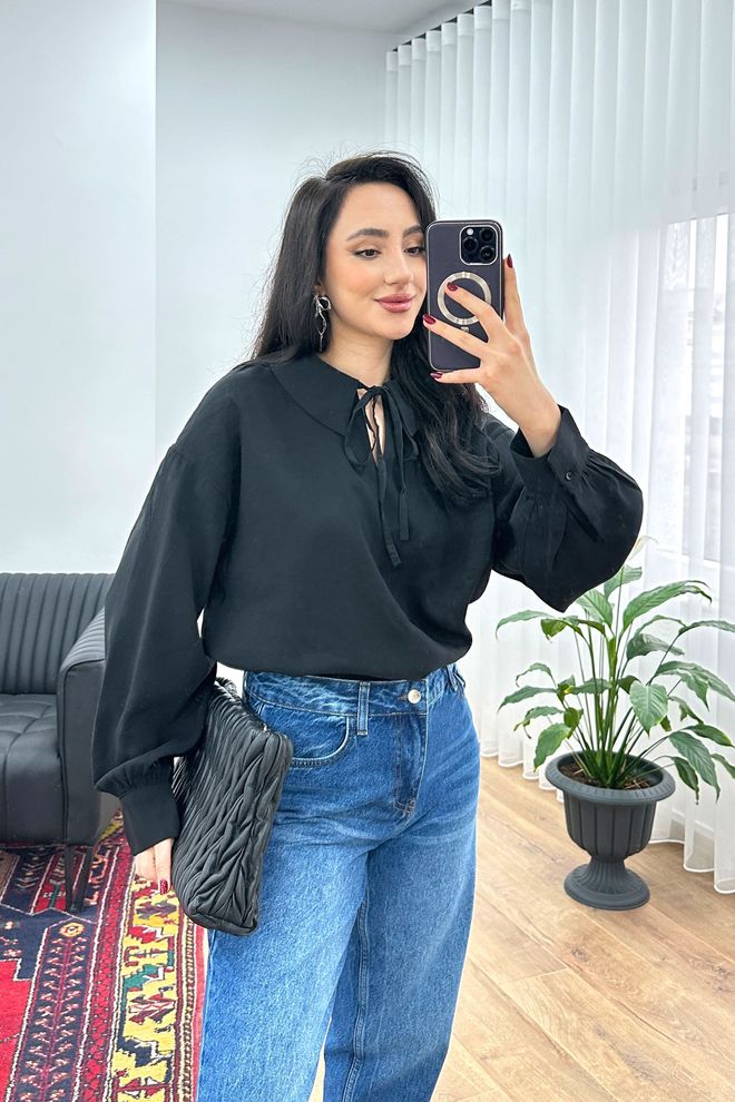 Lustrin Black Blouse With Polo Neck And Long Sleeves Wholesale Clothing Spring