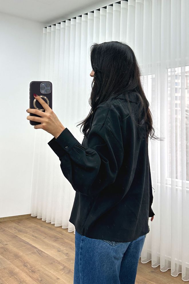 Lustrin Black Blouse With Polo Neck And Long Sleeves Wholesale Clothing Casual