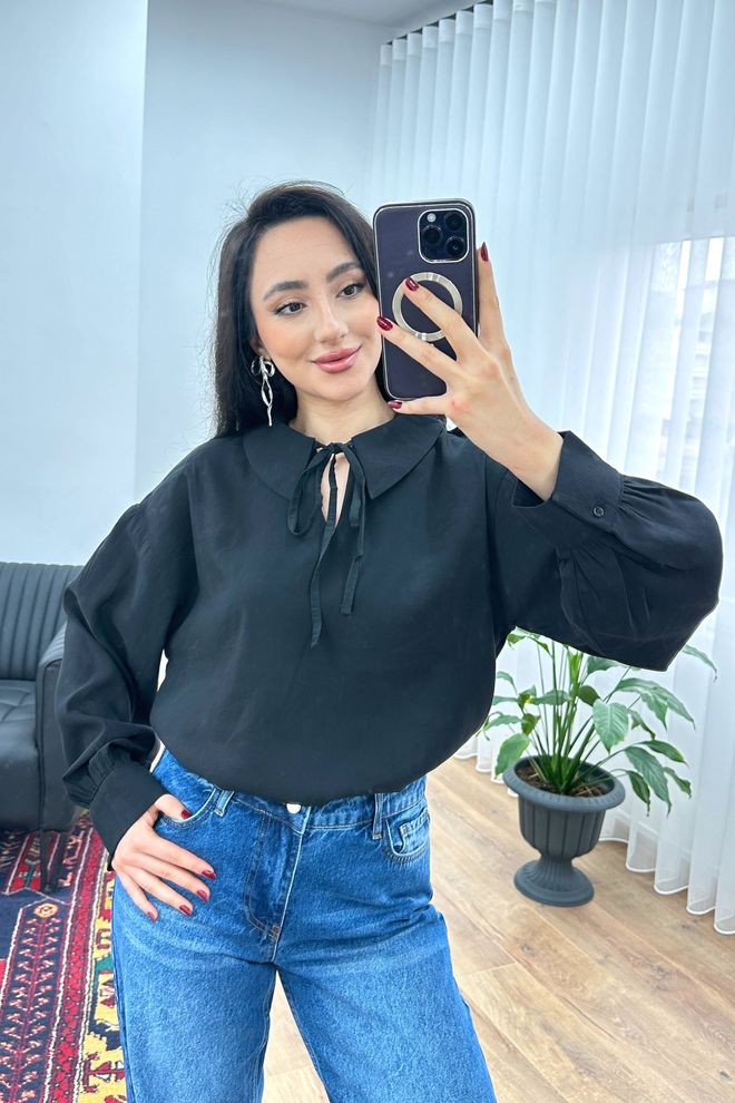 Lustrin Black Blouse With Polo Neck And Long Sleeves Wholesale Clothing Work