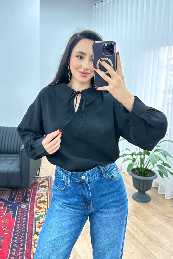 Lustrin Μαύρη Μπλούζα Με Γιακά Πόλο Και Μακριά Μανίκια Χονδρικό εμπόριο ενδυμάτων Απλό