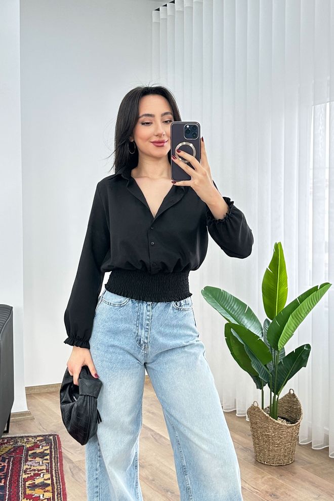 Lustrin Crna Uža Krojeni Gumbima Majica Sa Zarezanim Izrezom Veleprodaja odjeće Posao