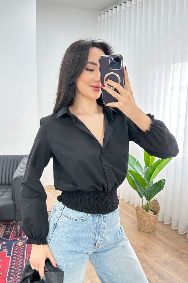 Lustrin Μαύρο Εφαρμοστό Πουκάμισο Με Κουμπιά Και Notched Λαιμό Χονδρικό εμπόριο ενδυμάτων Casual