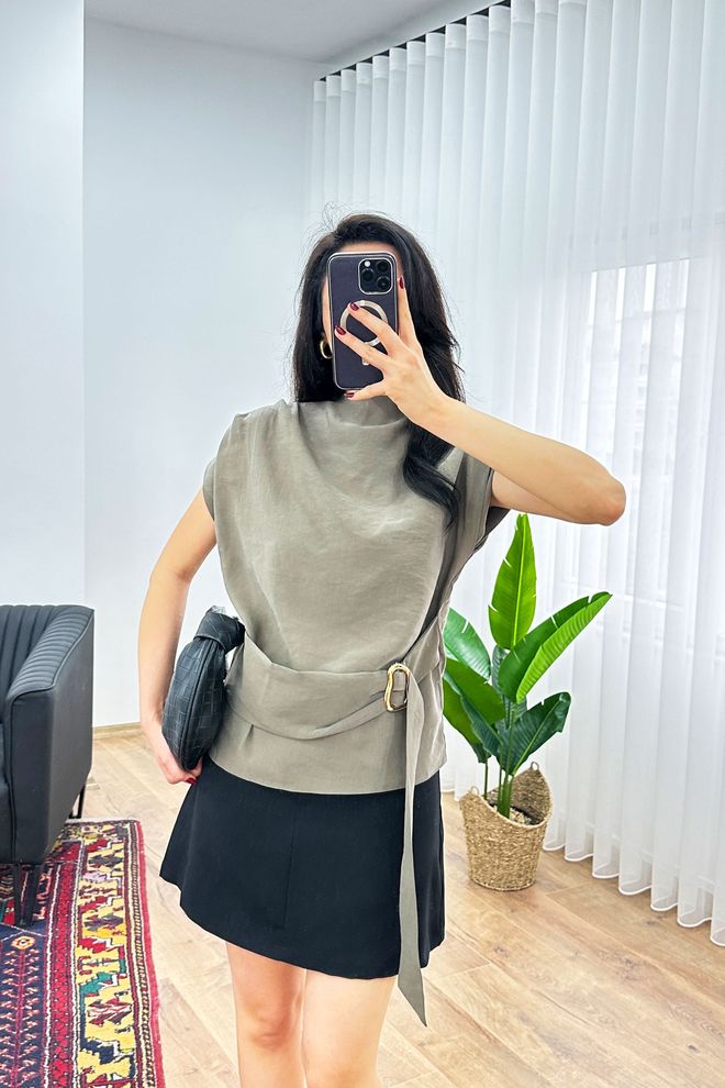 Lustrin Khaki Blouse With Cap Sleeve And High Neck Wholesale Clothing 1