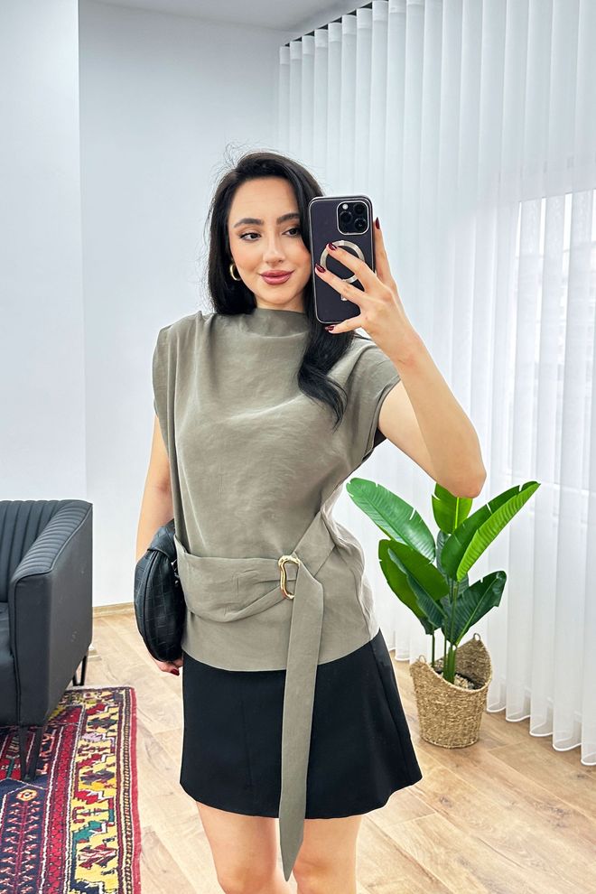 Lustrin Khaki Blouse With Cap Sleeve And High Neck Wholesale Clothing Work