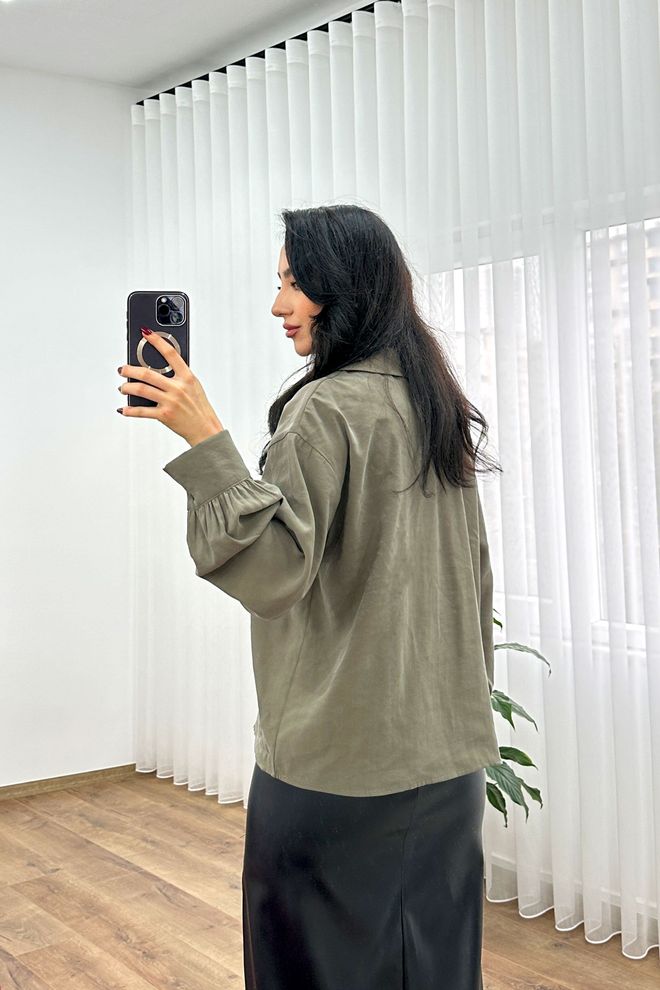 Lustrin Khaki Blouse With Polo Neck And Oversized Fit Wholesale Clothing Spring