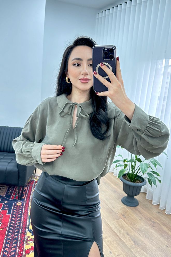 Lustrin Khaki Blouse With Polo Neck And Oversized Fit Wholesale Clothing Lounge