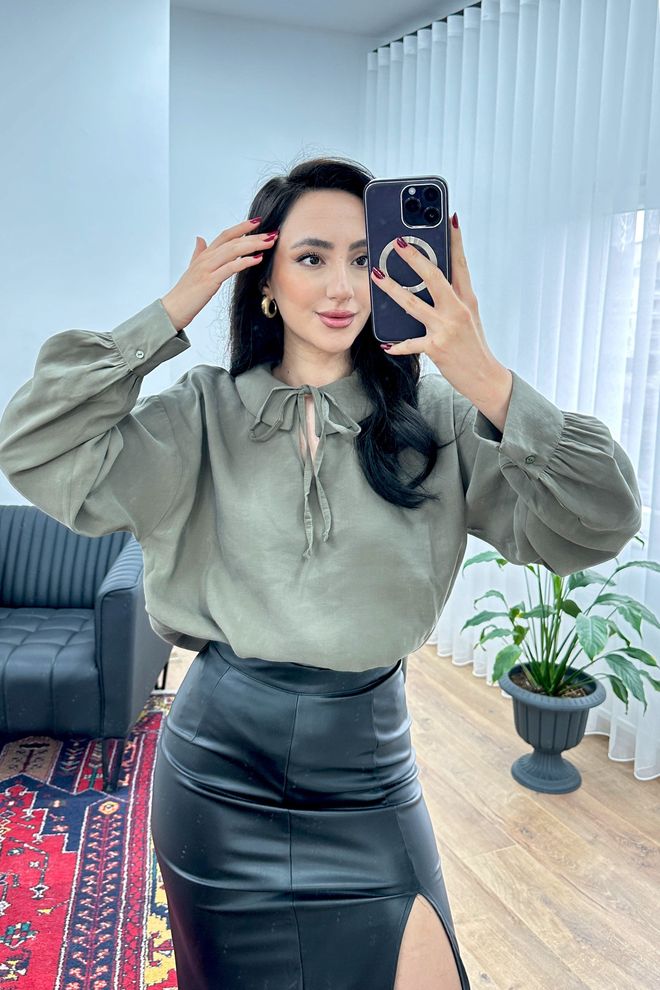 Lustrin Khaki Blouse With Polo Neck And Oversized Fit Wholesale Clothing Casual