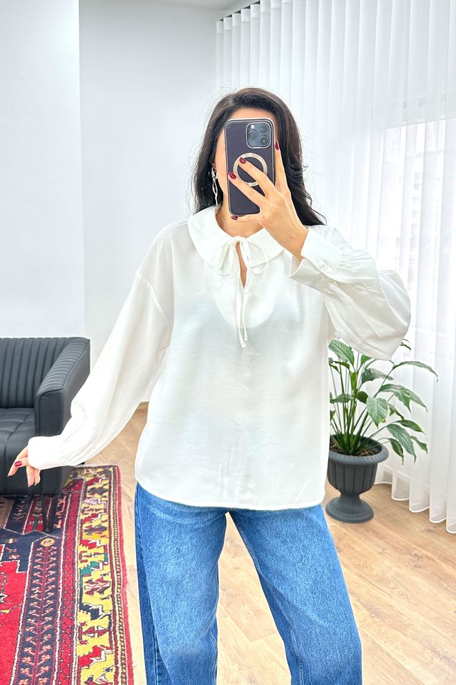Lustrin White Blouse With Long Straight Sleeves Wholesale Clothing Spring