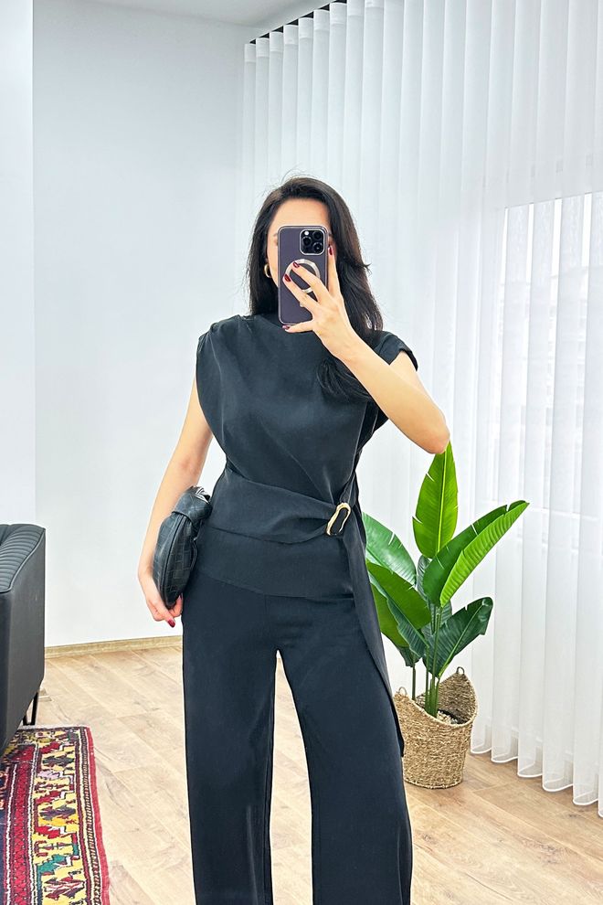 Lustrin Elegant Black Blouse With High Neck And Cap Sleeves Wholesale Clothing Formal