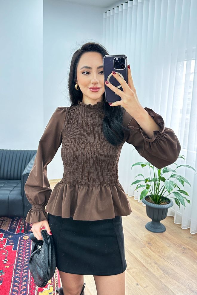 Lustrin Elegantná Hnedá Blúzka S Balónovými Rukávmi Veľkoobchod s oblečením Neformálny