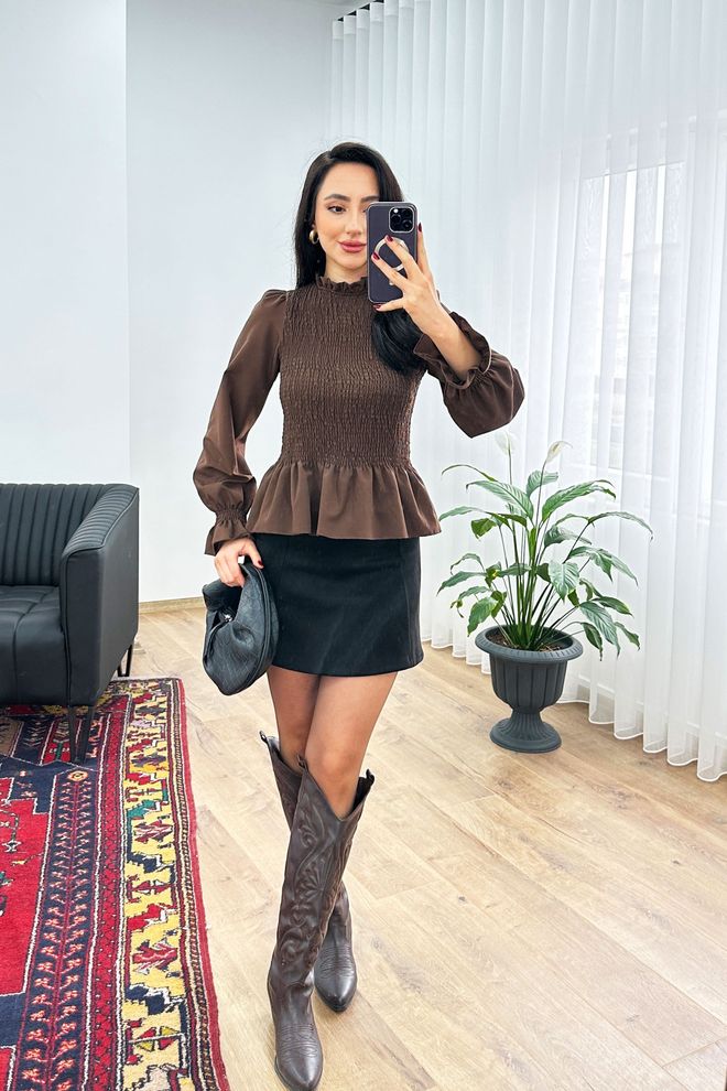 Lustrin Elegant Brown Blouse With Ballon Sleeves Wholesale Clothing 1