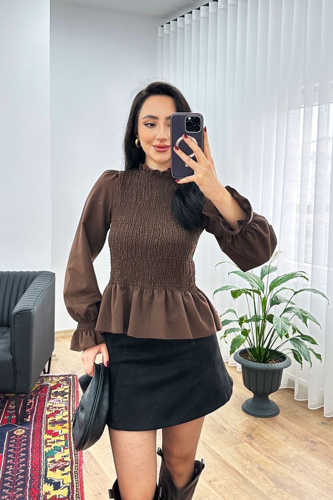 Lustrin Elegant Brown Blouse With Ballon Sleeves Wholesale Clothing Lounge