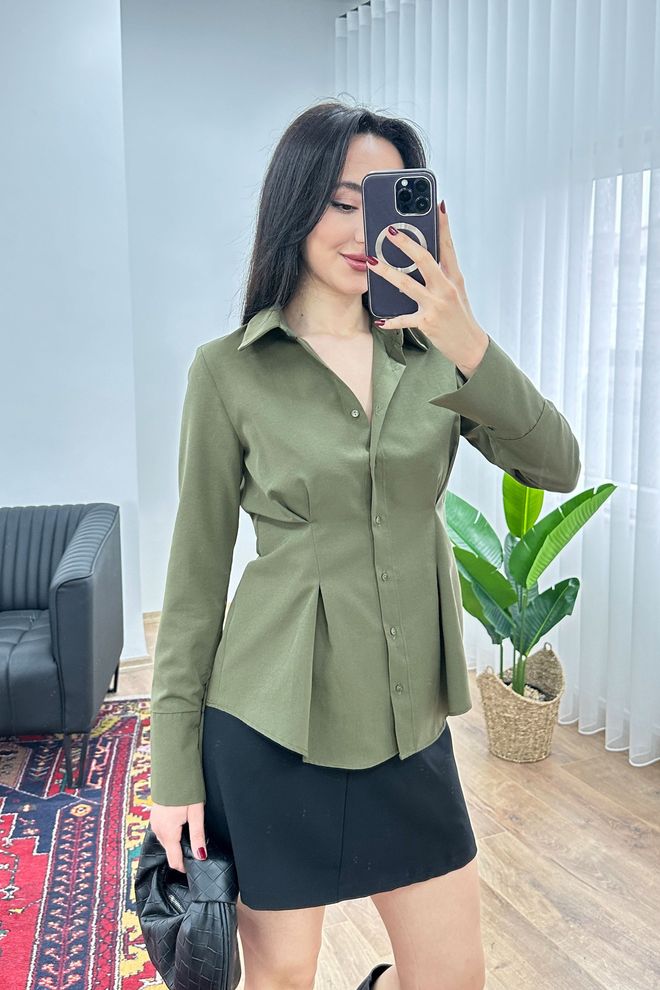 Lustrin Πράσινο Κομψό Πουκάμισο Με Notched Λαιμόκοψη Και Κουμπιά Χονδρικό εμπόριο ενδυμάτων Casual