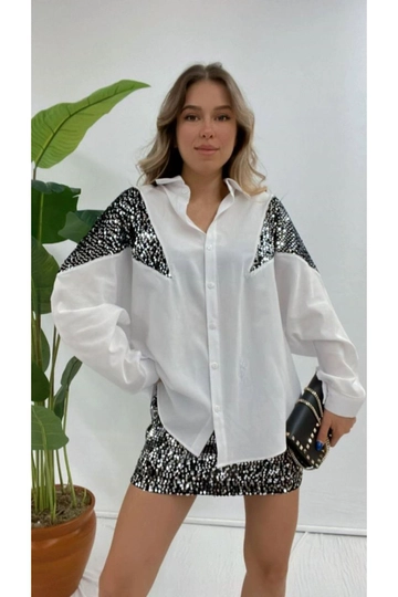 A wholesale clothing model wears  Women's Shirt With Shoulder Sequin Detail
, Turkish wholesale Shirt of Maxi Modena