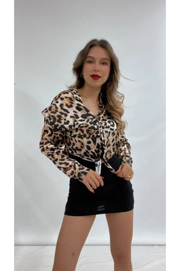 A wholesale clothing model wears  Single Pocket  Chain And Belt Tie Detail Dress - Leopard
, Turkish wholesale Dress of Maxi Modena