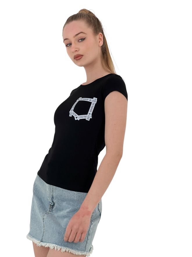 MISS POEM Camiseta Negra Delgada De Manga Corta Con Estampado De Verano Ropa al por mayor Casual