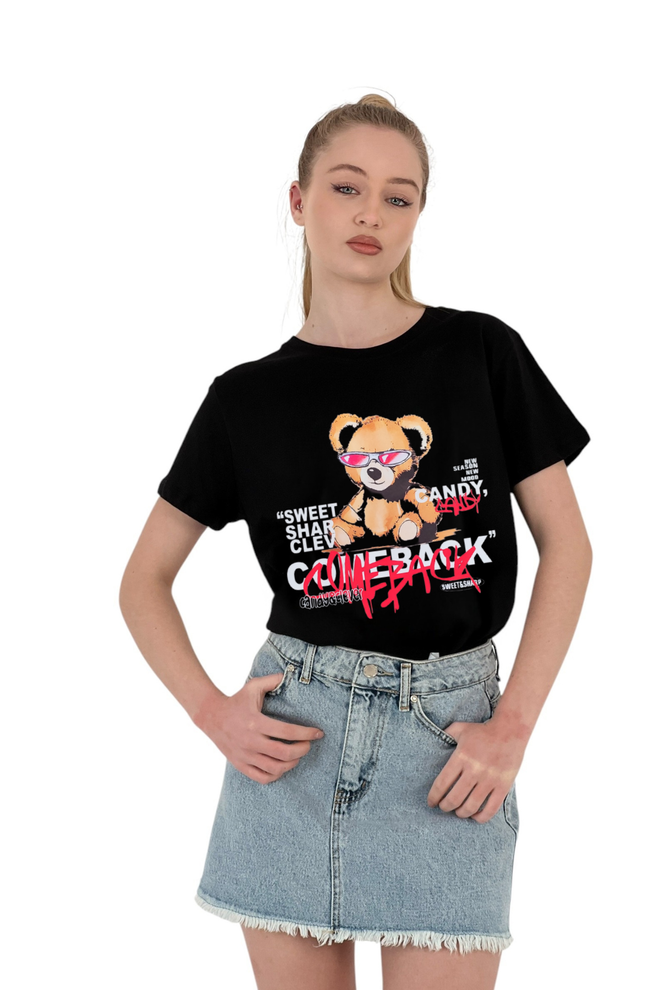 MISS POEM “Cool Bear” Marginti Marškinėliai Juoda Ir Balta Didmeninė prekyba drabužiais Kokteilinė