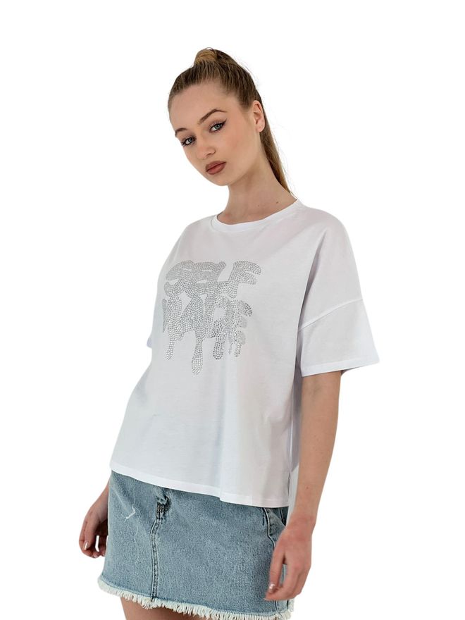 MISS POEM T shirt Oversize Fait Maison Avec Broderie De Pierres — Gris Et Blanc Vêtements en gros Décontracté