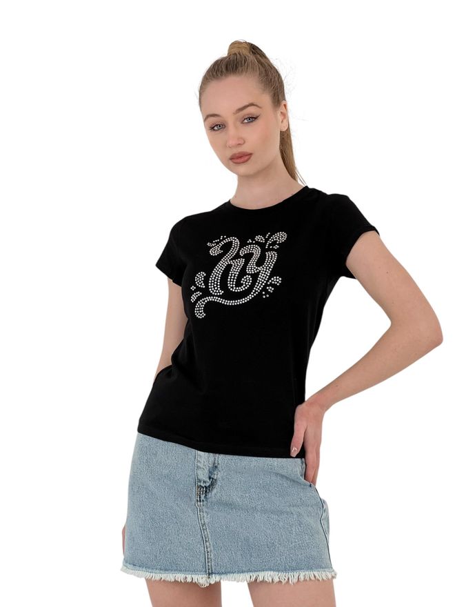 MISS POEM Κοντομάνικο Καλοκαιρινό Λεπτό Λευκό Μπλουζάκι Με Πέτρινο Κέντημα Χονδρικό εμπόριο ενδυμάτων Casual