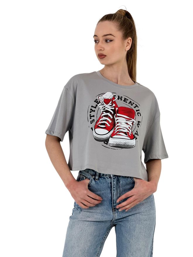 MISS POEM Übergroßes Bedrucktes Kurzärmliges Weißes Crop T Shirt Großhandelskleidung Lässig